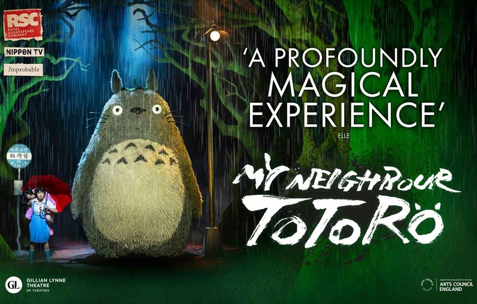 A promotional image for 'My Neighbour Totoro' featuring the large, iconic character Totoro standing in a rain-drenched forest with a young girl holding an umbrella nearby.