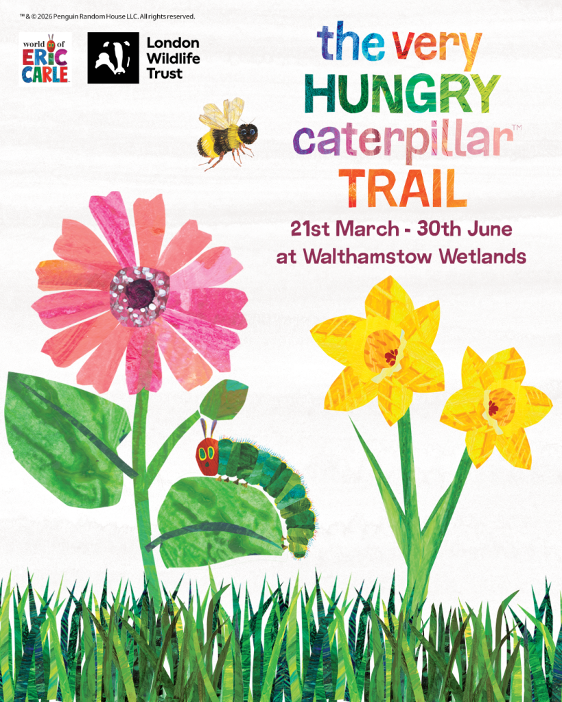 Poster for 'The Very Hungry Caterpillar Trail' at Walthamstow Wetlands featuring colourful flowers, a caterpillar, and event details from 21st March to 30th June.