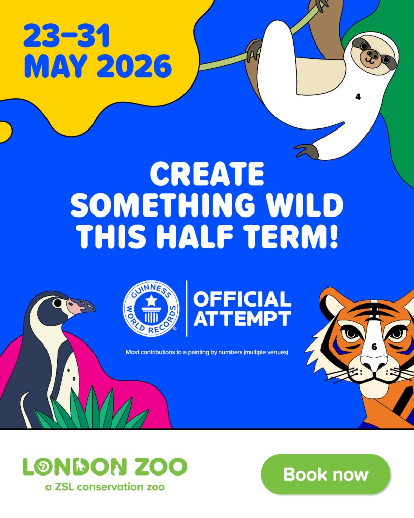Promotional poster for London Zoo's event from 23-31 May 2026, inviting participants to create a collaborative painting and featuring cartoon sloth, tiger, and penguin illustrations.